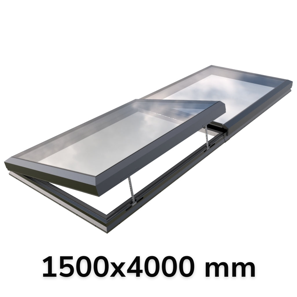 1500 x 4000 mm elektrisch openende modulaire glazen lichtkoepel (1 vaste 1 opening)