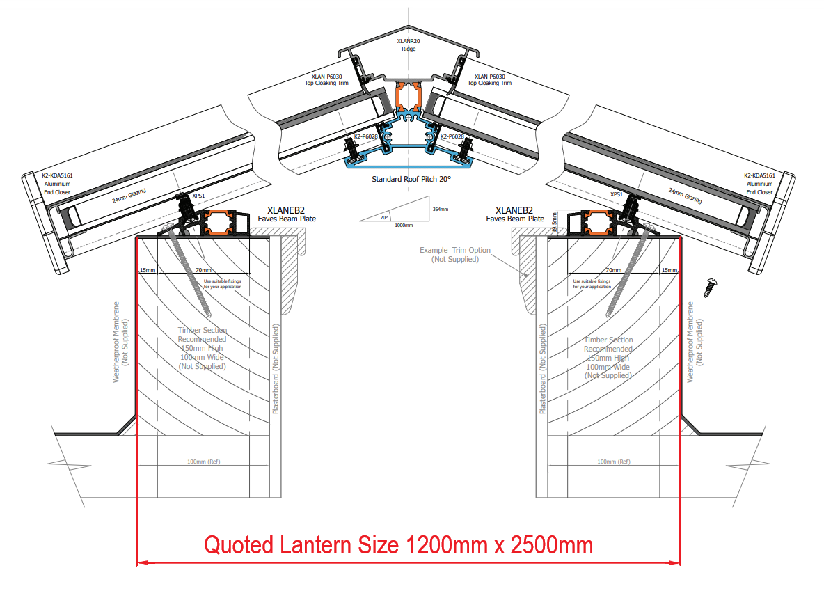 1200 x 2500 mm Stratus Verrière de Toit en Aluminium Style 3 (Traditionnel)