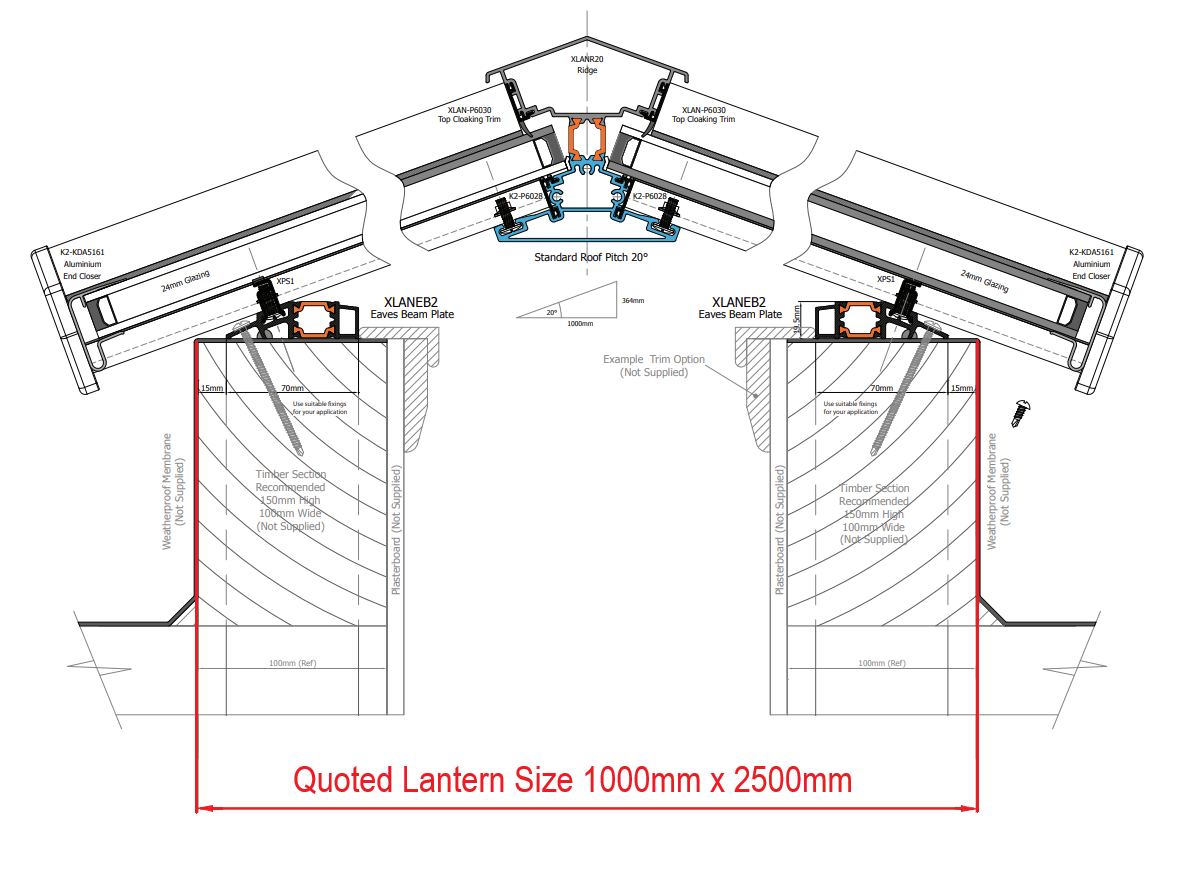 1000 x 2500 mm Stratus Verrière de Toit en Aluminium Style 2 (Traditionnel)