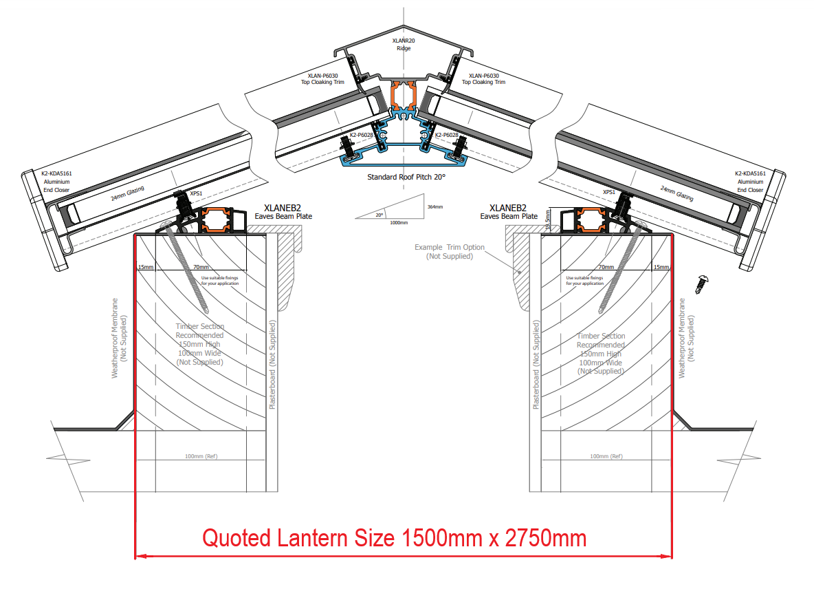 1500 x 2750 mm Stratus Verrière de Toit en Aluminium Style 4 (Traditionnel)