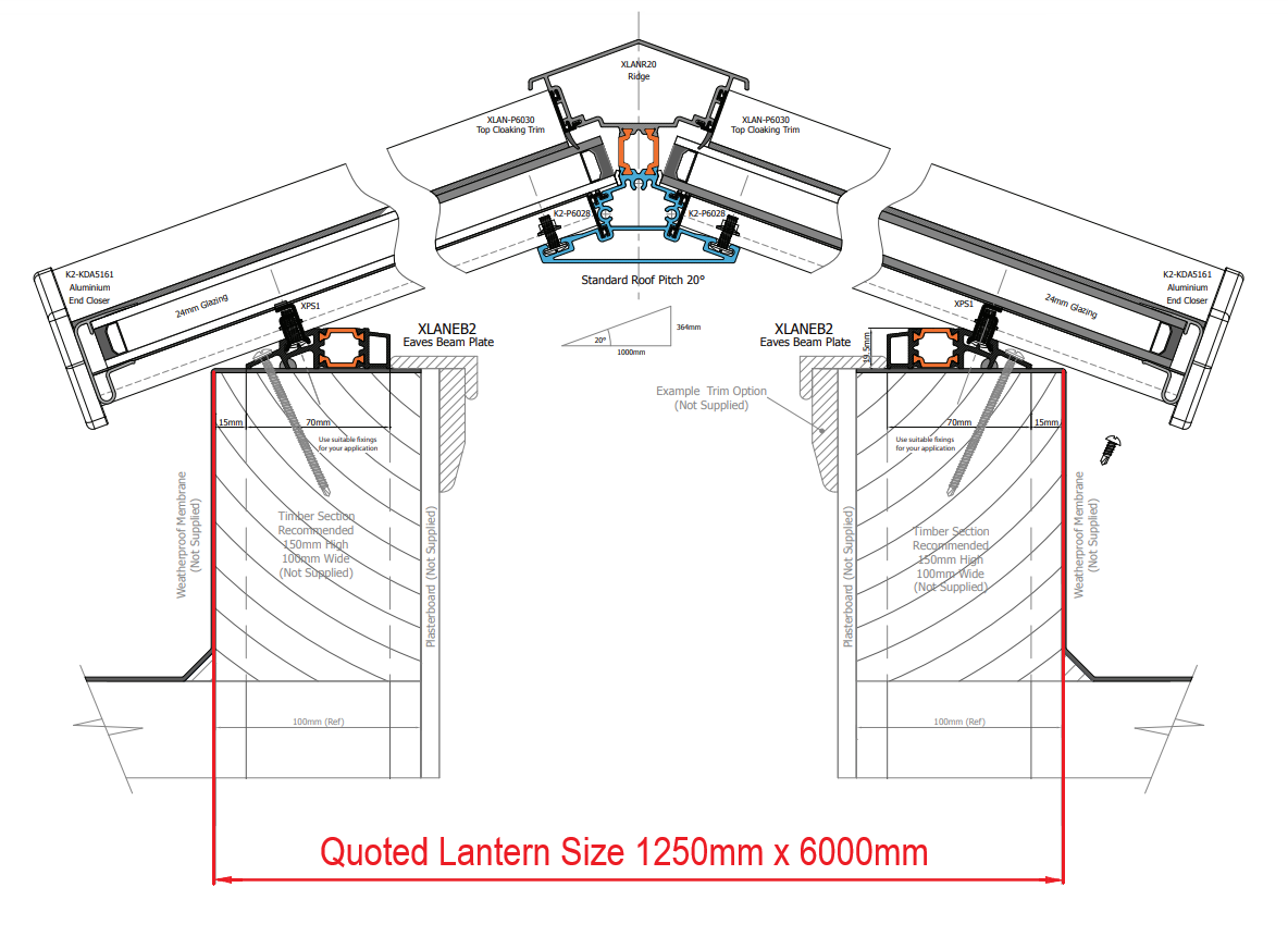 125 x 600 cm Stratus Aluminium Daklantaarn Stijl 6 (Traditioneel)